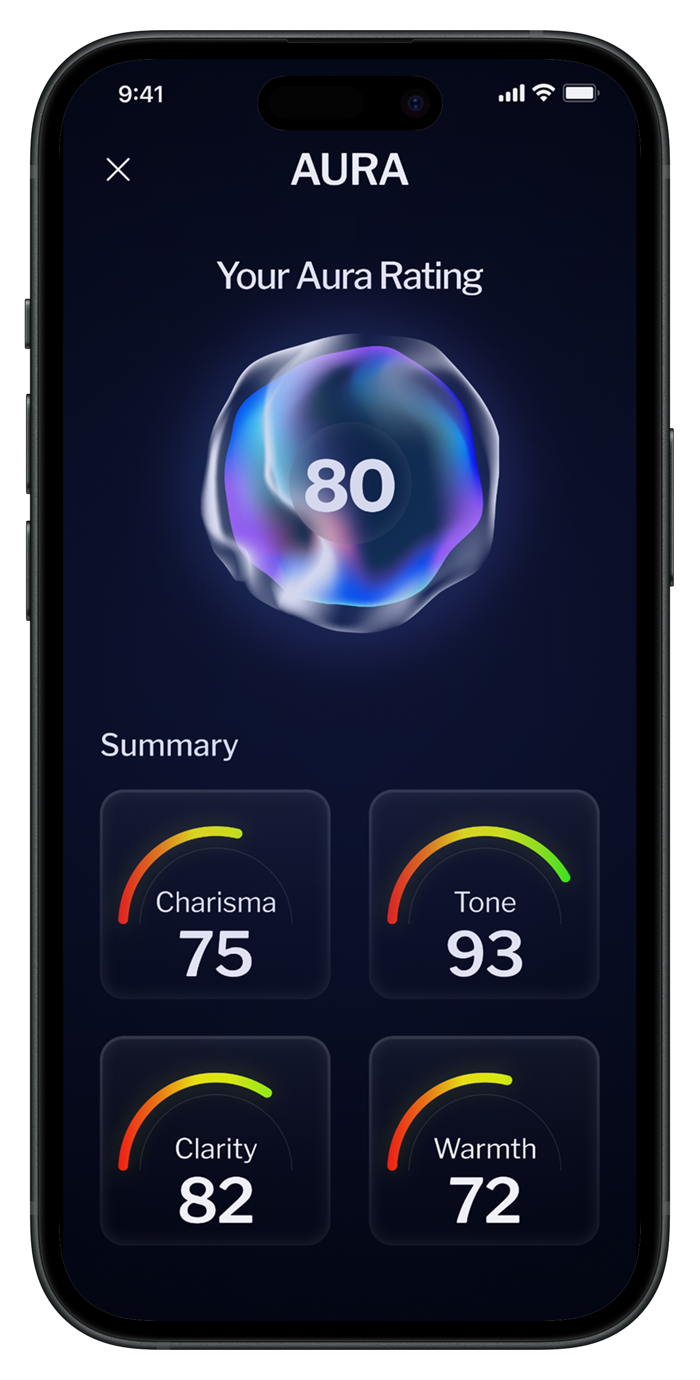 Aura Rating App Interface showing holographic orb and metrics