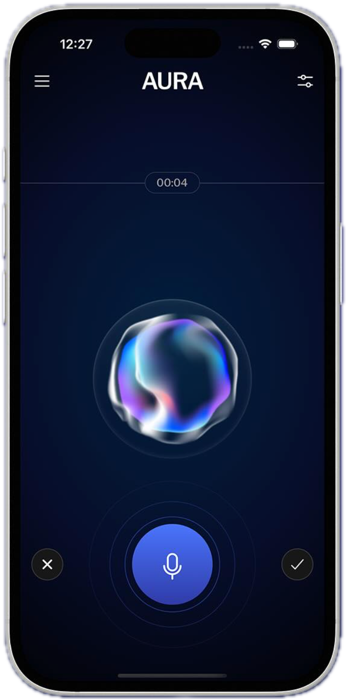 AURA AI voice analysis interface showing holographic orb