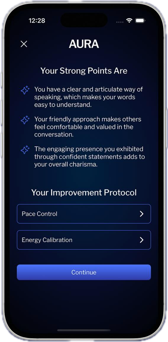 AURA AI metrics dashboard showing various communication scores